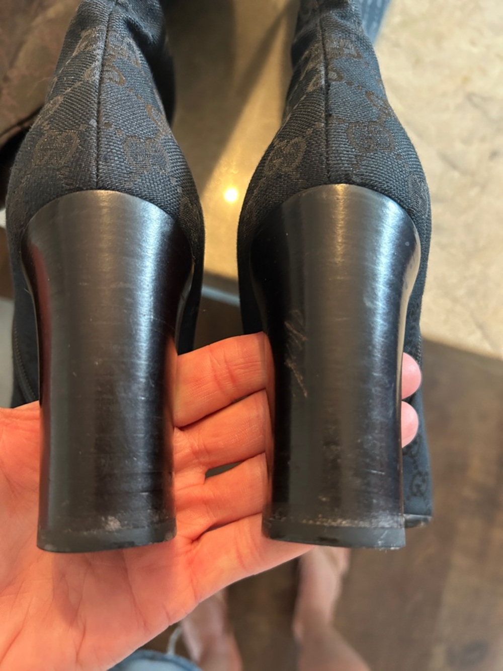 Gucci Black Monogram Stretch Logo Knee Boots with Block Heel and gold accent - Picture 5 of 7